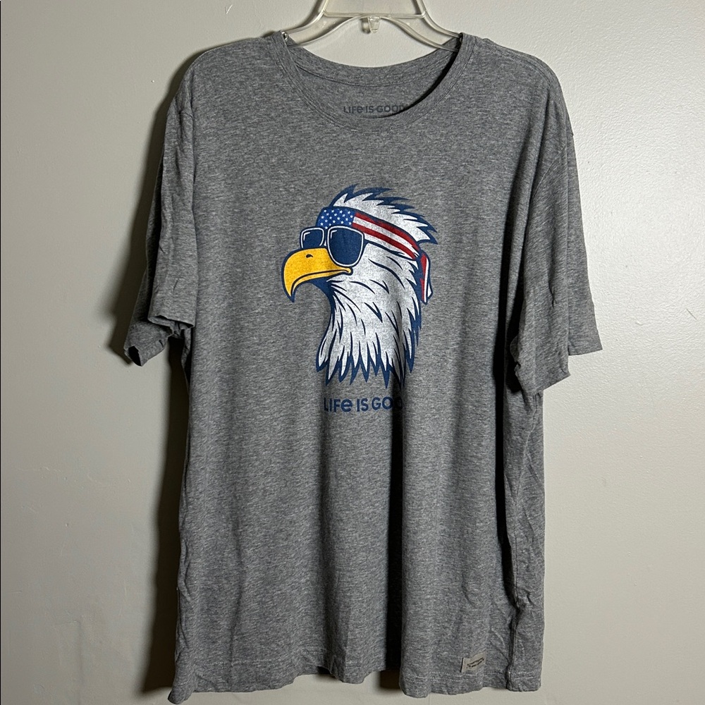 Life is Good Patriotic Bald Eagle Hippie Gray T-Shirt Size large Relaxed Fit